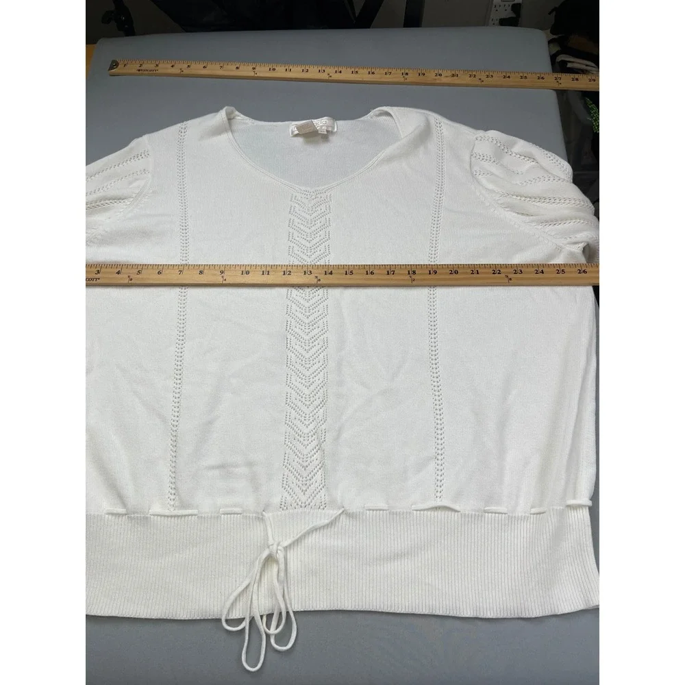 Maurada‎ Womens White V-Neck Pointelle Knit Drawstring Waist Sweater Size 3X